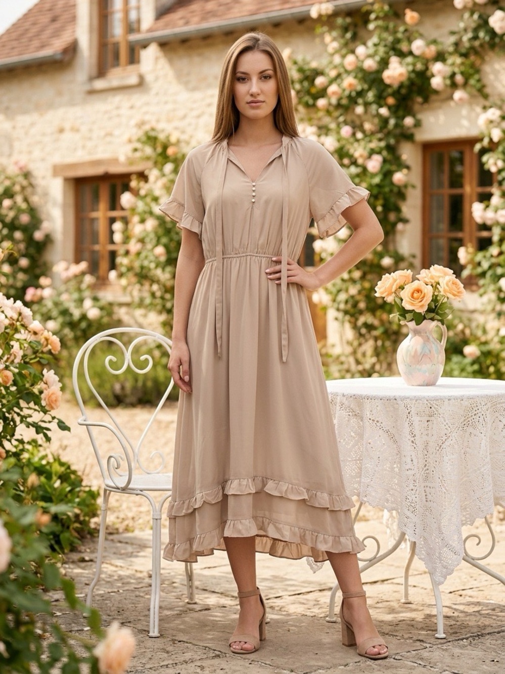 Women's Ruffle Beige Maxi Dress Size Medium Cottage Core Short Sleeve